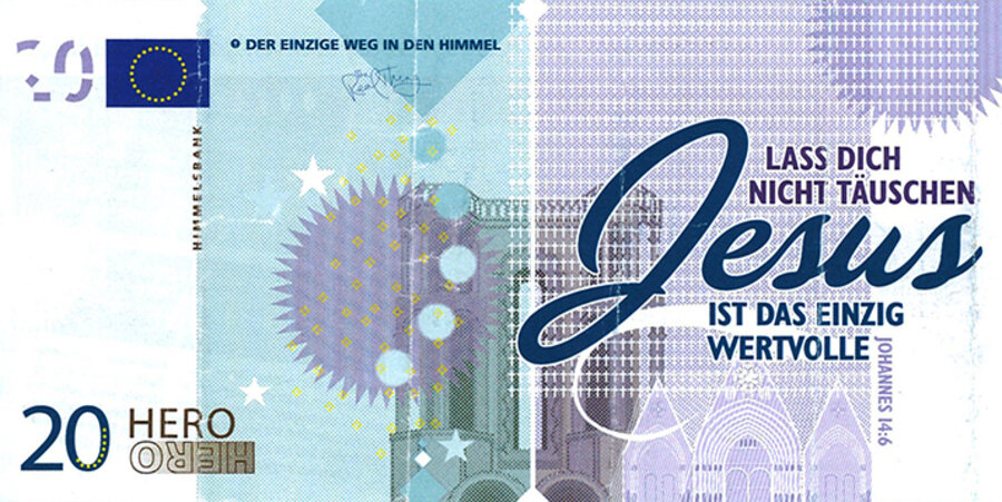 Im Text auf dem vermeintlichen Geldschein heißt es unter anderem: „Dieser 20-Euro-Schein ist nicht echt – die Botschaft darauf aber von größter Bedeutung!“. Foto: Hannes Kohlmeier/BILD Süd
