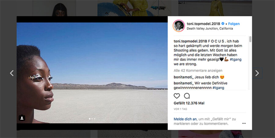 Die Model-Kandidatin Toni Dreher-Adenuga steht auch in den sozialen Medien zu ihrem Glauben. Screenshot: instagram.com/toni.topmodel.2018