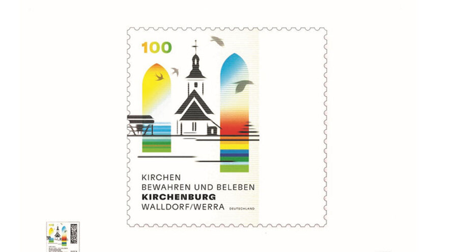 Ab dem 4. Mai kann das Postwertzeichen mit dem Motiv der Kirchenburg Walldorf/Werra einen Kompaktbrief zieren: Bild: Bundesfinanzministerium