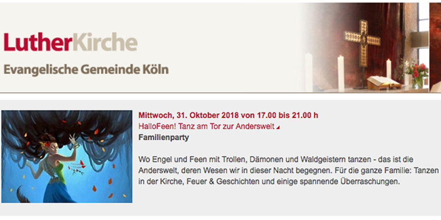 Eine Familienparty mit Dämonen? Ein Weltanschauungsexperte kritisiert das Angebot der Lutherkirche in der Kölner Südstadt. Screenshot: Evangelische Gemeinde Köln