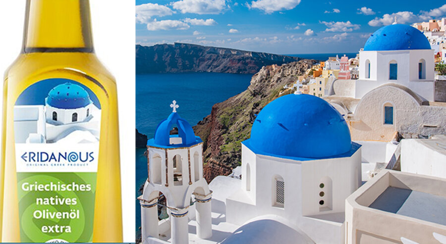 Typisch für die griechische Urlaubsinsel Santorin sind die weißen Kreuze auf den blauen Dächern. Fotos: lidl.de, pixabay.com 