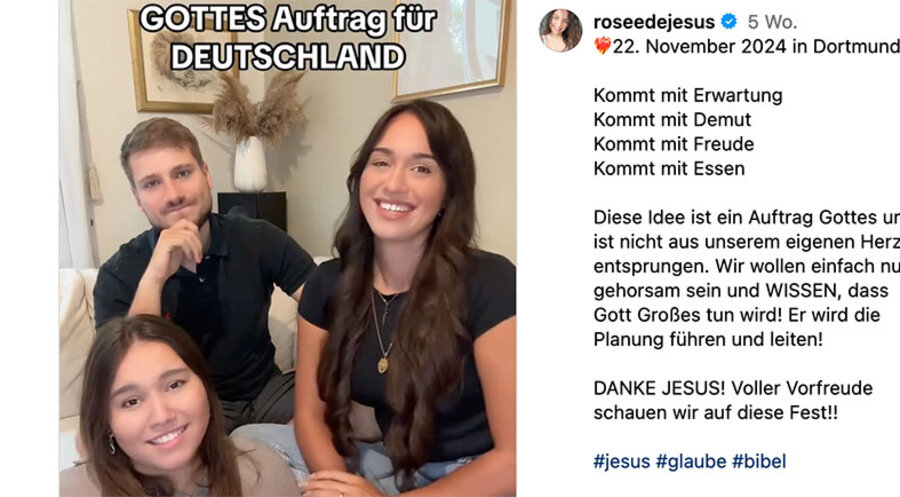 Das Musiker-Ehepaar Rose de Jesus und Lorenzo Di Martino sowie die christliche Influencerin Sandra laden zu dem XXL-Abendmahl ein. Screenshot: instagram.com/roseedejesus