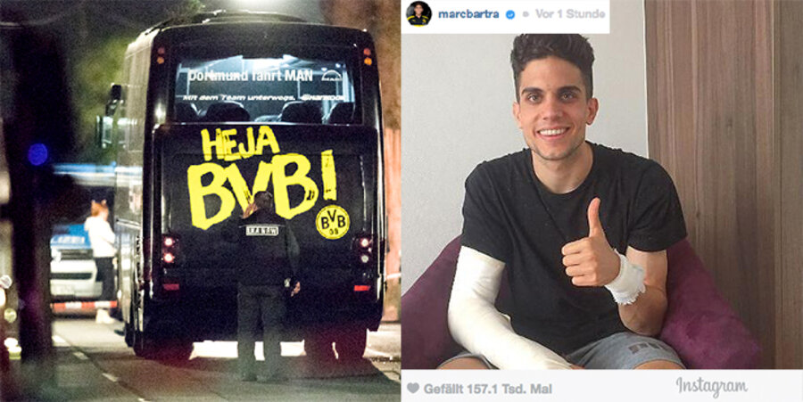Bei dem Anschlag wurden der Spieler Marc Bartra und ein Polizist verletzt. Bartra meldete sich inzwischen im Sozialen Netzwerk Instagram bei seinen Fans zurück. Fotos: picture-alliance/Marcel Kusch/dpa, Instagram/marcbartra