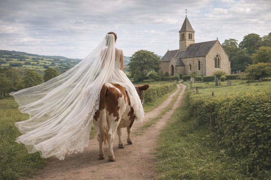 Die Landwirtin Victoria Lee ritt an ihrer Hochzeit auf ihrer Lieblingskuh zur Kirche. 