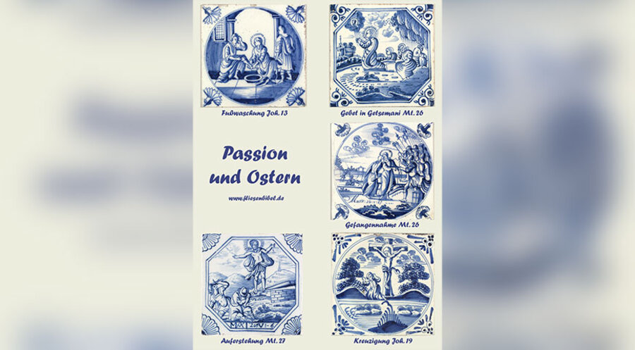 Die Bibelfliesen-Postkarte „Passion und Ostern“. Grafik: Projektgruppe Kulturgut Bibelfliesen