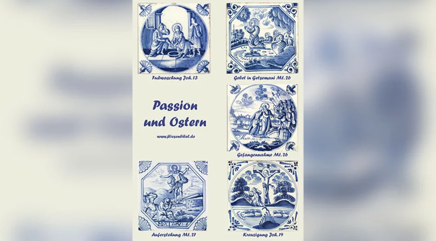Die Bibelfliesen-Postkarte „Passion und Ostern“. Grafik: Projektgruppe Kulturgut Bibelfliesen