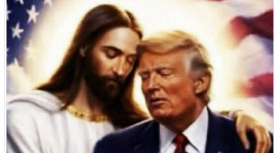 Das Foto zeigt, wie Jesus Trump umarmt. Im Hintergrund ist die amerikanische Flagge zu sehen. Screenshot: truthsocial.com/@realDonaldTrump