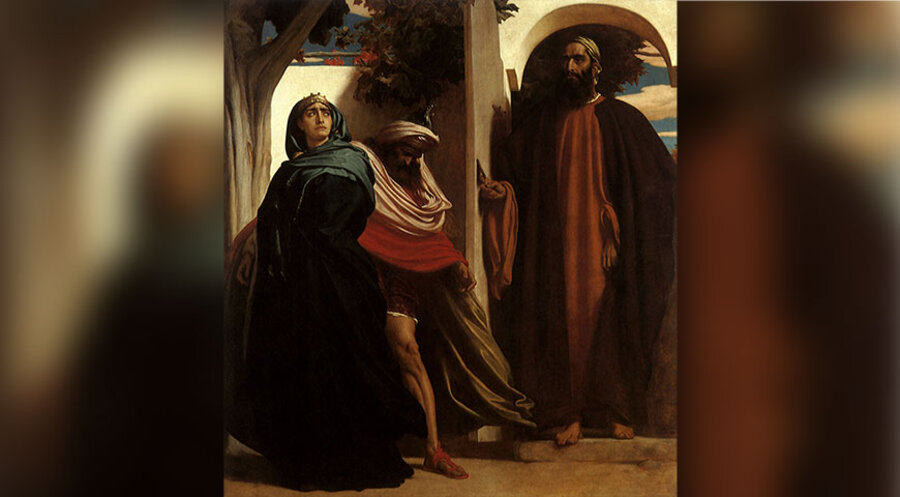 Elia (r.) verkündet Isebel und Ahab die
Strafe Gottes für die Steinigung
Nabots – wie sich der englische Maler
Frederic Leighton (1830–1896) die
Szene vorstellte. Foto: imago images/UIG