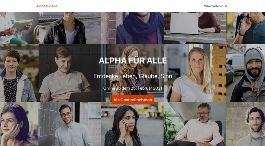 Die Website des Online-Glaubenskurses „Alpha für Alle“. Screenshot: https://alpha-fuer-alle.org/