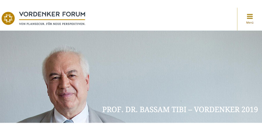 Der Politikwissenschaftler Bassam Tibi wird im November als „Vordenker 2019“ ausgezeichnet. Screenshot: plansecur/vordenkerforum.de