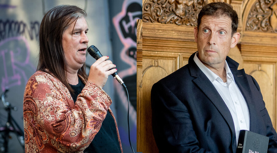Die queerpolitische Sprecherin der Linksfraktion in der Bremer Bürgerschaft, Maja Tegeler, und der Bremer Pastor Olaf Latzel. Fotos: picture alliance/dpa | Sina Schuldt; picture alliance/dpa | Hauke-Christian Dittrich