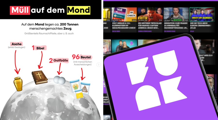 Der Post des Online-Content-Netzwerks „funk“ will der Frage nachgehen, wie viel Tonnen Müll auf dem Mond liegen. Fotos: Screenshot/Instgram/funk; picture alliance / Markus Mainka | Markus Mainka
