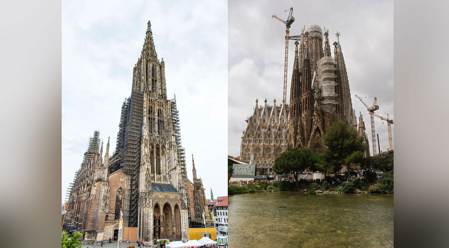 Das Ulmer Münster (links) und die Sagrada Familia – sie soll nach Fertigstellung um zehn Meter höher sein. Fotos: picture alliance / Goldmann | Goldmann; picture alliance / NurPhoto | Jakub Porzycki