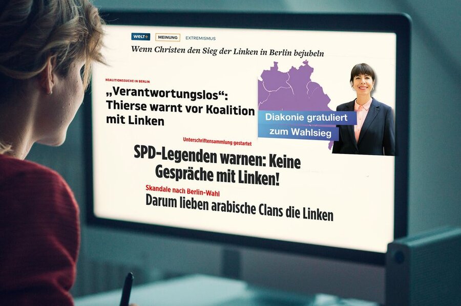 Unterschiedliche Wahrnehmung: Während mehrere
SPD-Politiker warnen – hier Screenshots von Zeitungs-
Überschriften – gratuliert die Diakonie auf ihrer Webseite (r.)
unkritisch zum Wahlsieg.