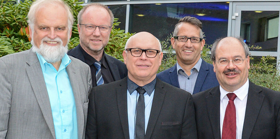 v. l.: Der Geschäftsführende Vorstand des BFB: Vize-Präses Frank Uphoff, Generalsekretär Peter Bregy, Präses Johannes Justus, Bundesschatzmeister Daniel Dallmann und Vize-Präses Bernhard Röckle. Foto: BFP/Mike Dietz