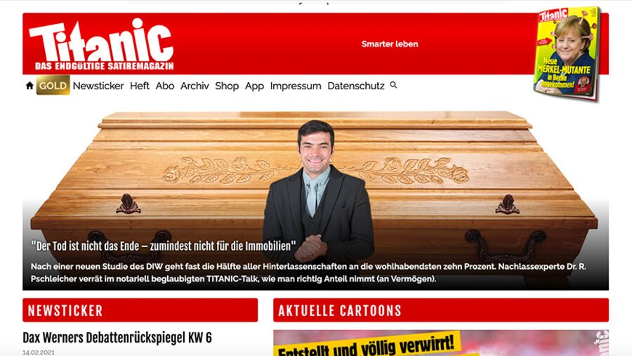 Die Internetseite des Satiremagazins "Titanic". Google hat kürzlich ihre App gelöscht. Screenshot: titanic-magazin.de 