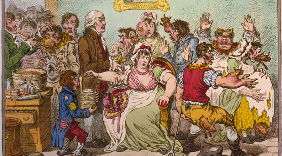 Die Pockenschutzimpfung weckte Angst vor einer „Vertierung“: Karikatur „The Cow Pock“, kolorierte Radierung von James Gillray, London 1802. Bild: James Gillray