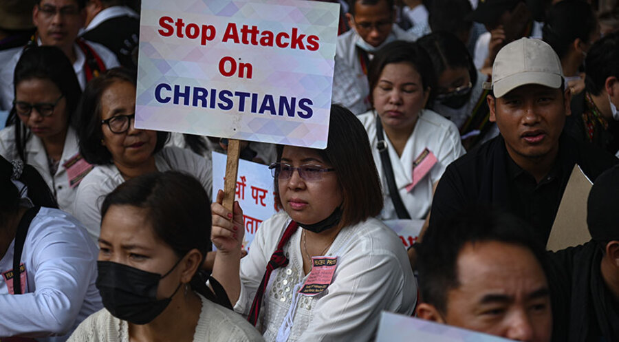 Eine Gruppe von Christen während einer Demonstration im Februar in Neu Delhi. Foto: Picture Alliance/ ZUMAPRESS.com/Kabir Jhangiani