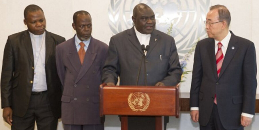 v. l.: der katholische Erzbischof Nzapalainga, der Präsident des Islamischen Rates, Imam Layama, und der Präsident der nationalen Evangelischen Allianz, Pfarrer Guérékoyamé-Gbangou, trafen 2014 UN-Generalsekretär Ban Ki-moon. Foto: UN Photo/Eskinder
