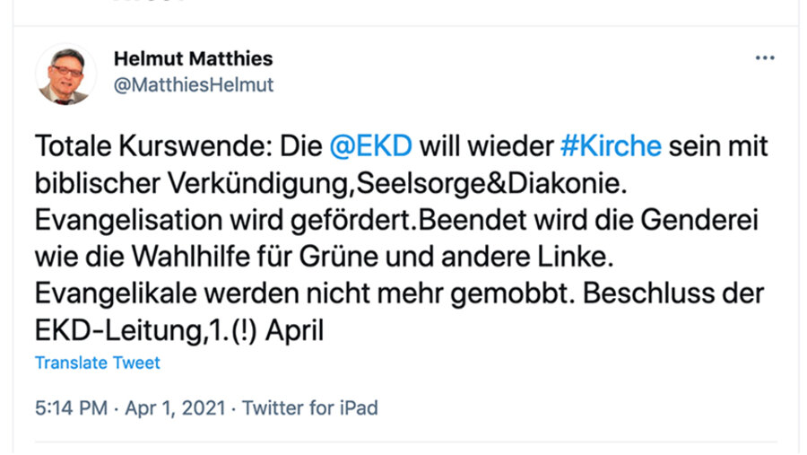 Der Tweet von Helmut Matthias. Screenshot: Twitter/Helmut Matthies