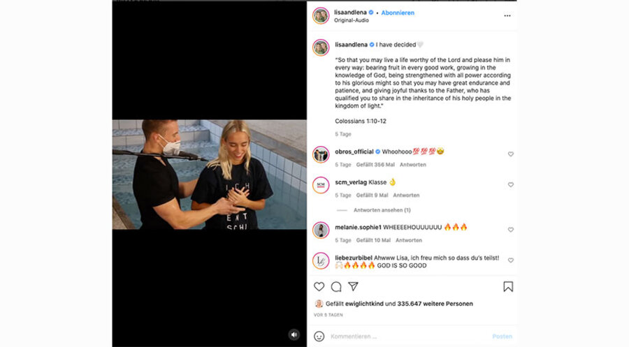 Auf ihrem Instagram-Kanal hat die christliche Influencerin ein Video von ihrer Taufe veröffentlicht. Screenshot: Instagram/ lisaandlena