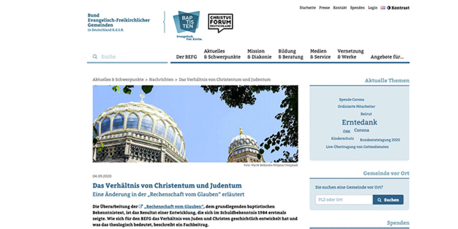 Auf der Internetseite des Bundes erklärt der BEFG seine Haltung zum Judentum. Screenshot: befg.de 