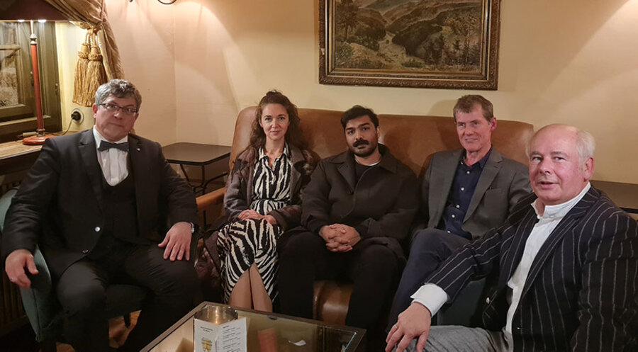 v. l.: Landesbischof Friedrich Kramer, Iris Wolff, Senthuran Varatharajah, Uwe Kolbe, Thomas A. Seidel (IMLS). Foto: Julia Braband