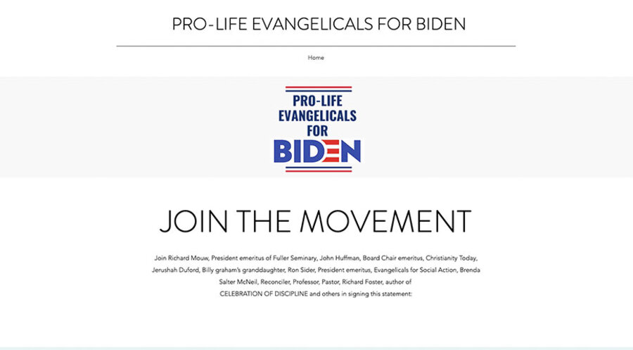 Die Website der Initiative „Pro-life Evangelicals for Biden“. Foto: prolifeevangelicalsforbiden.com