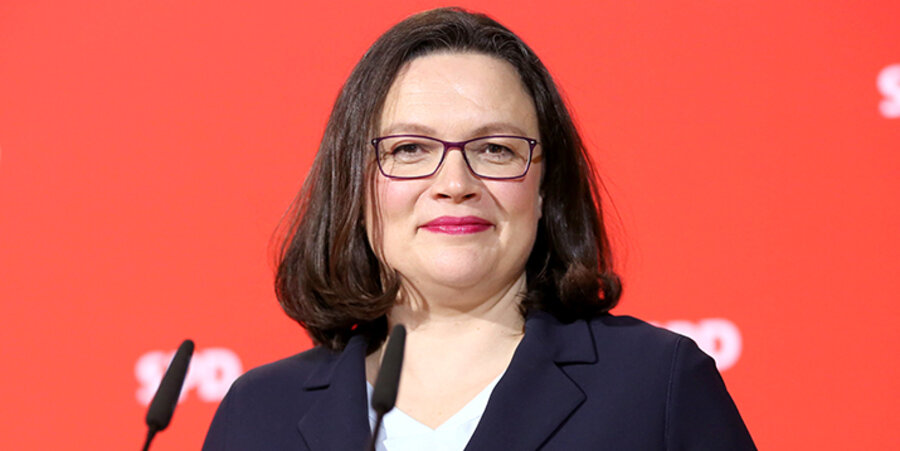 Die SPD-Fraktionsvorsitzende im Bundestag, Andrea Nahles. Foto: picture-alliance/Pacific Press Agency